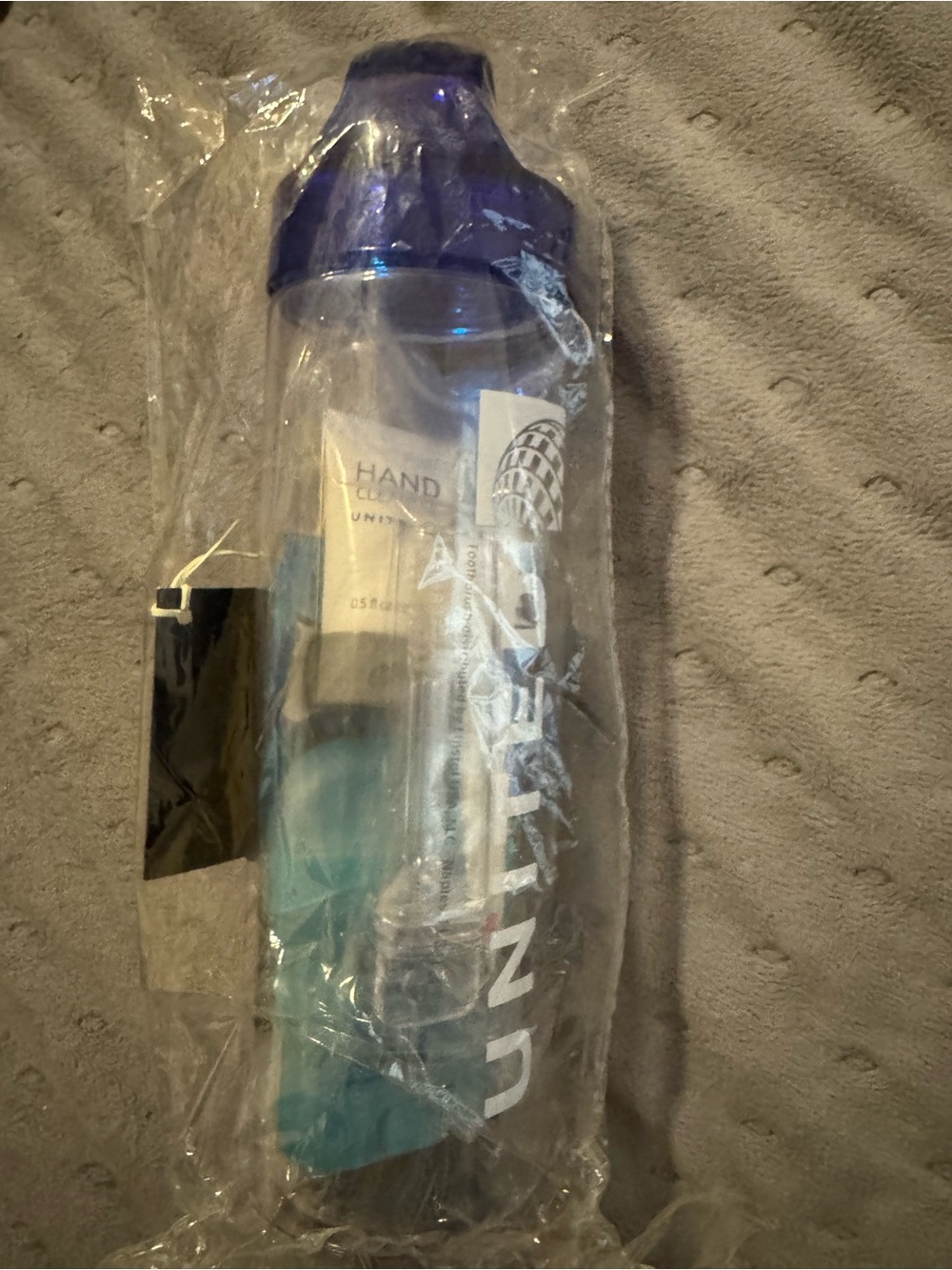 NEW United Airlines Branded Clear Water Bottle with Travel Goodies